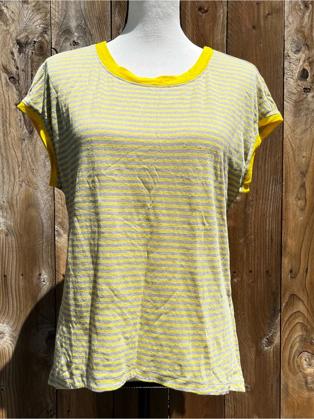 Brand New Eileen Fisher Linen Yellow Striped Short Sleeve Tee - Women's Top